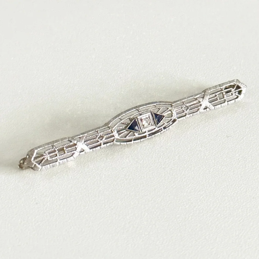 Antique 14K Solid White Gold Sapphire & Diamond Intricate Detail Bar Brooch Pin